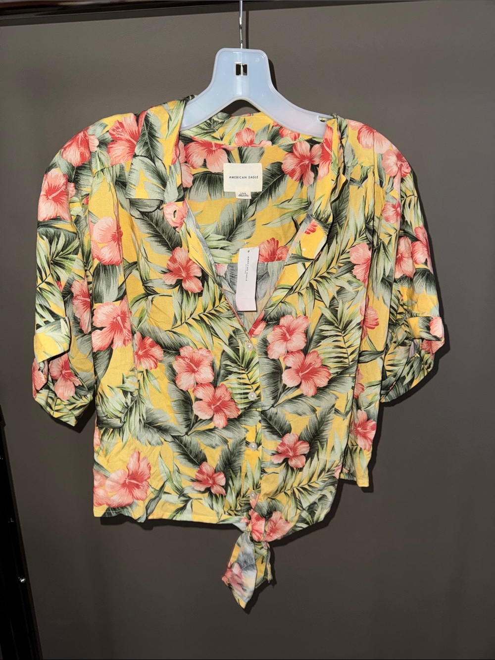 American Eagle Outfitters Yellow Floral Tie-Front Top with Pink Flowers